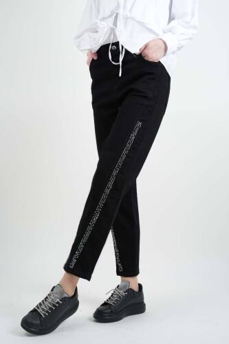 Bayan Kot Pantolon Baget Taşlı Denim Pantolon Siyah - 3