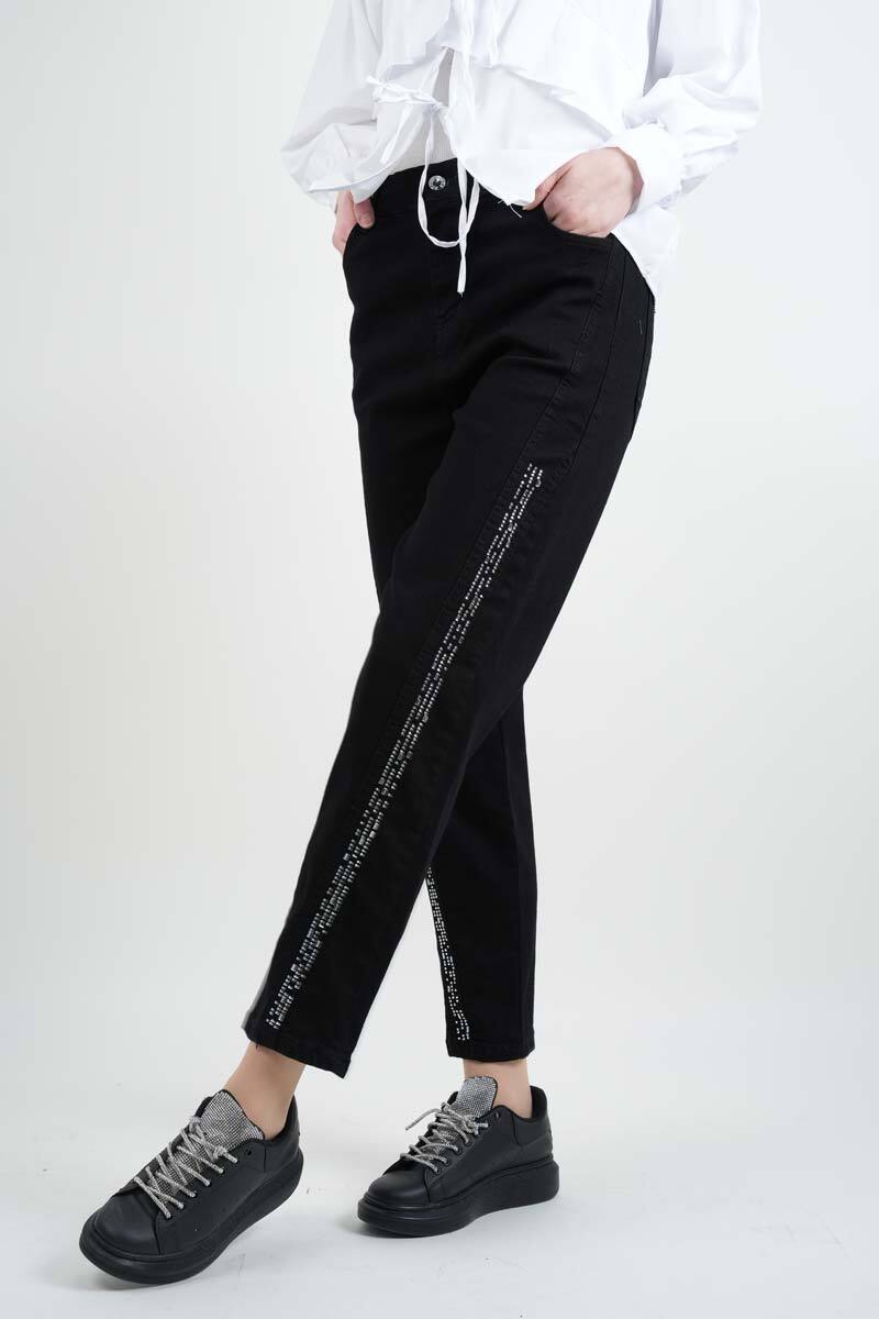 Bayan Kot Pantolon Baget Taşlı Denim Pantolon Siyah - 3