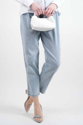 Bayan Kot Pantolon Bel Lastikli Mom Jeans Açık Mavi 