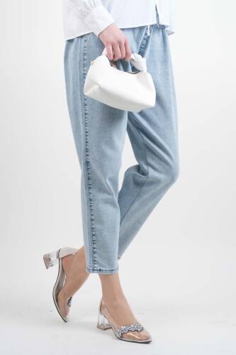 Bayan Kot Pantolon Bel Lastikli Mom Jeans Açık Mavi - 2