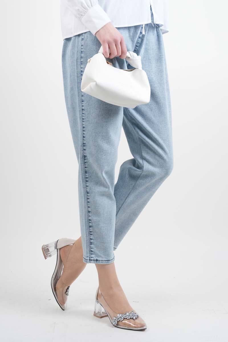 Bayan Kot Pantolon Bel Lastikli Mom Jeans Açık Mavi - 2
