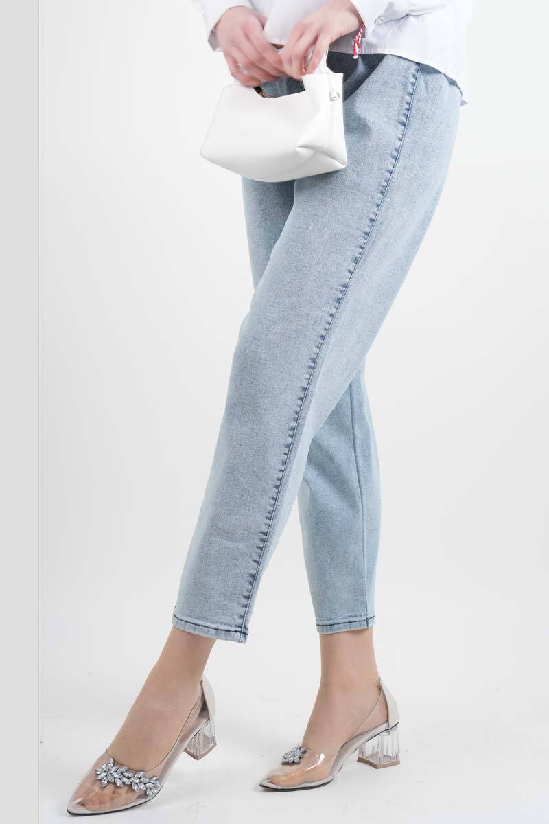 Bayan Kot Pantolon Bel Lastikli Mom Jeans Açık Mavi - 3