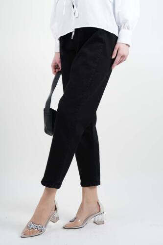 Bayan Kot Pantolon Bel Lastikli Mom Jeans Siyah - 1