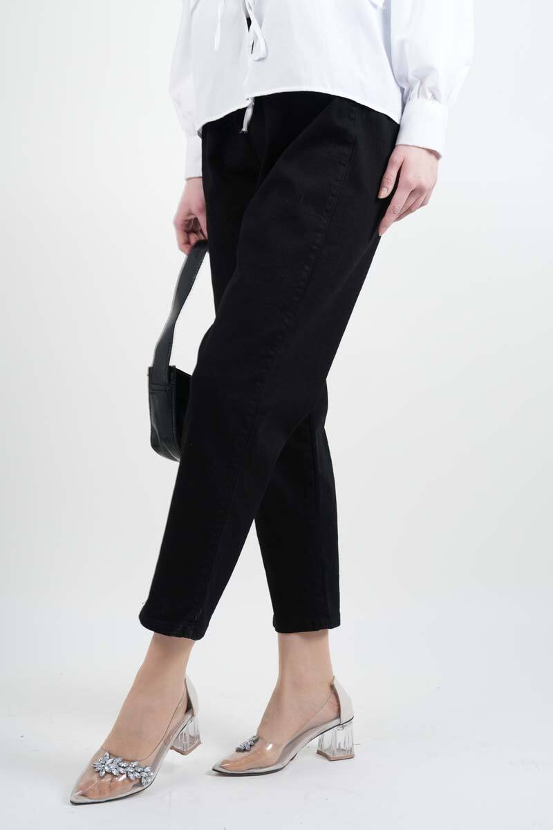 Bayan Kot Pantolon Bel Lastikli Mom Jeans Siyah - 1