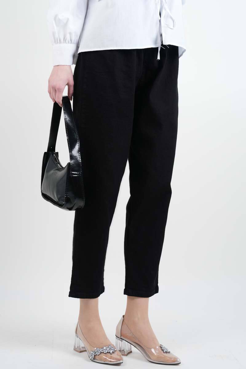 Bayan Kot Pantolon Bel Lastikli Mom Jeans Siyah - 2