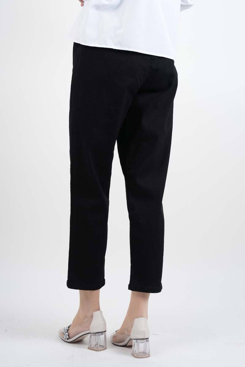 Bayan Kot Pantolon Bel Lastikli Mom Jeans Siyah - 3