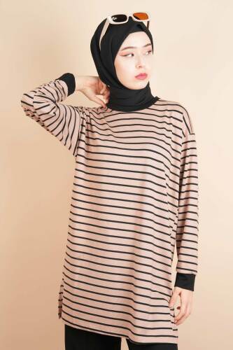 Bayan Modal Kumaş Tesettür Tunik Basic Uzun Tunik Bej 