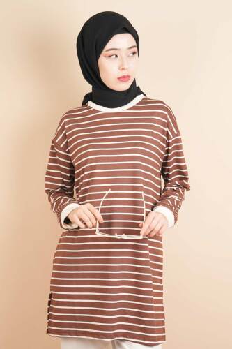 Bayan Modal Kumaş Tesettür Tunik Basic Uzun Tunik Kahverengi - 1