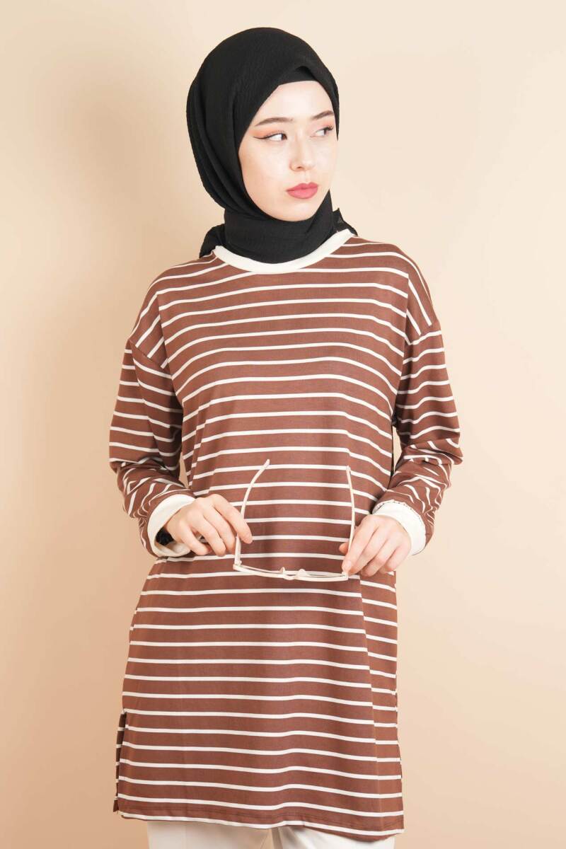 Bayan Modal Kumaş Tesettür Tunik Basic Uzun Tunik Kahverengi - 1