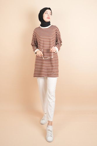Bayan Modal Kumaş Tesettür Tunik Basic Uzun Tunik Kahverengi - 2