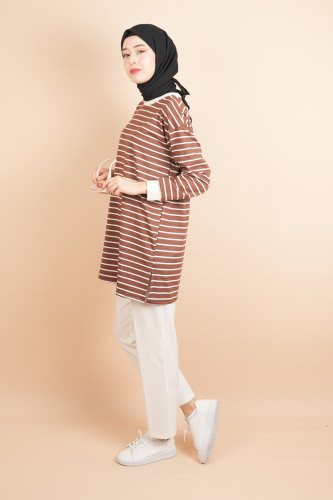 Bayan Modal Kumaş Tesettür Tunik Basic Uzun Tunik Kahverengi - 3