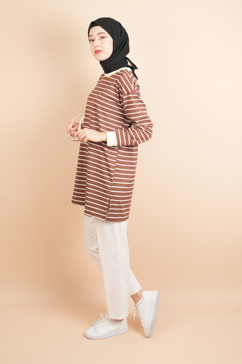 Bayan Modal Kumaş Tesettür Tunik Basic Uzun Tunik Kahverengi - 3