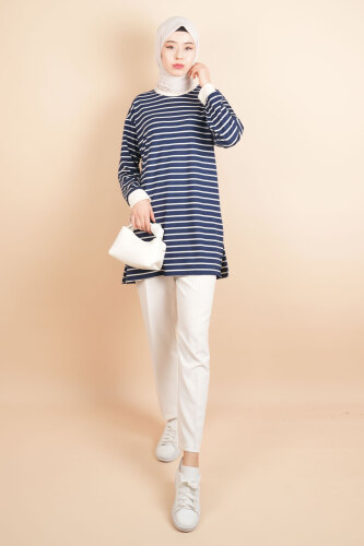 Bayan Modal Kumaş Tesettür Tunik Basic Uzun Tunik Lacivert - 2