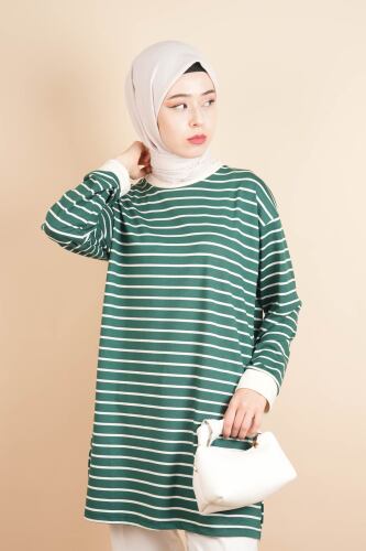 Bayan Modal Kumaş Tesettür Tunik Basic Uzun Tunik Yeşil 