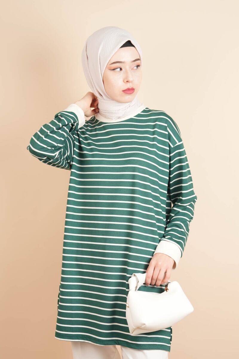 Bayan Modal Kumaş Tesettür Tunik Basic Uzun Tunik Yeşil - 1
