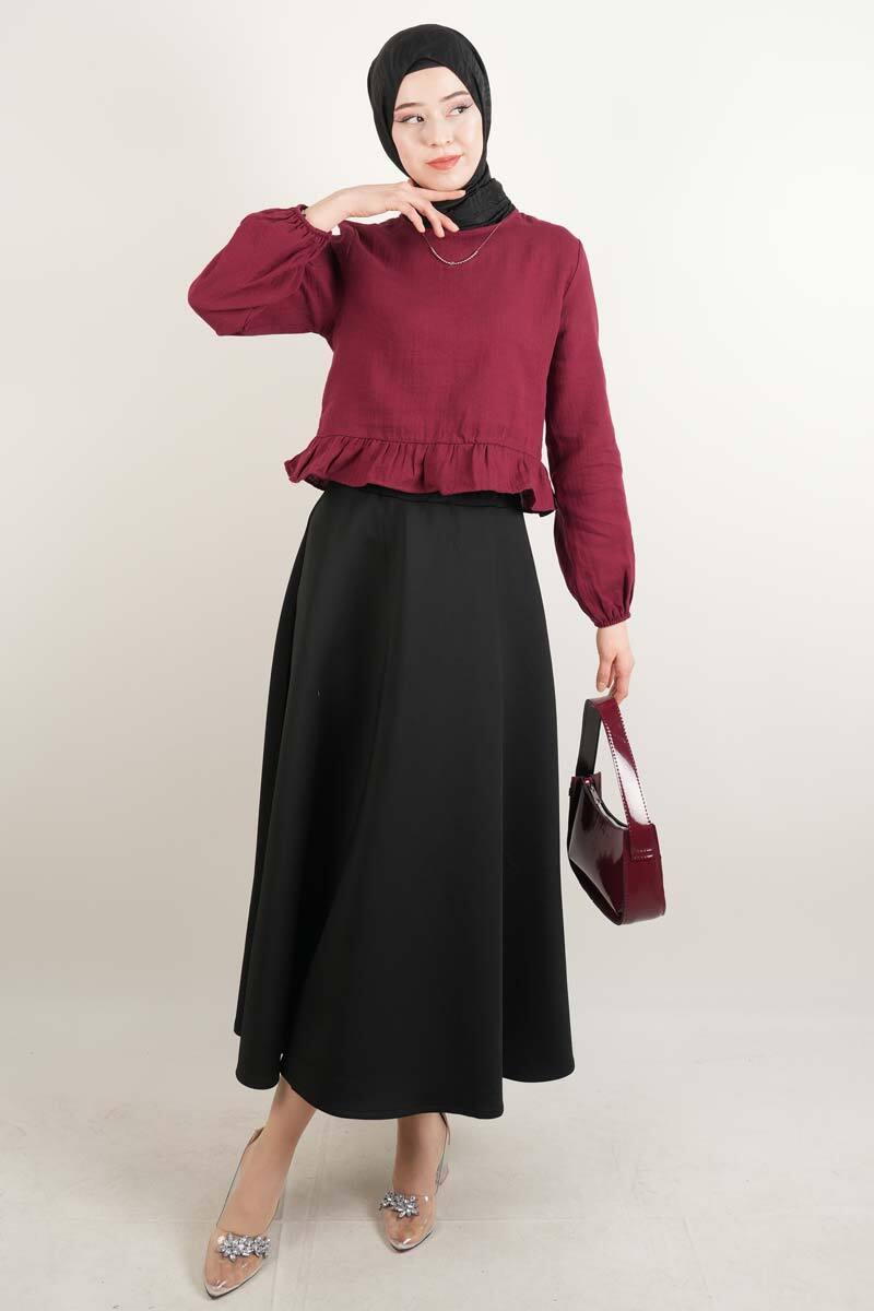 Bayan Müslin Bluz Kısa Bluz Bordo - 1