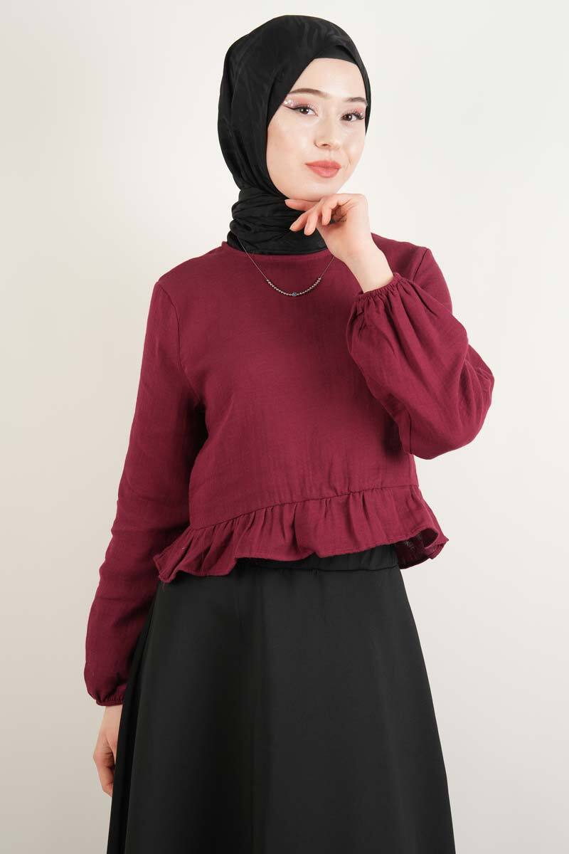 Bayan Müslin Bluz Kısa Bluz Bordo - 2
