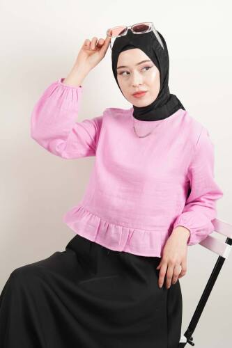 Bayan Müslin Bluz Kısa Bluz Pembe 