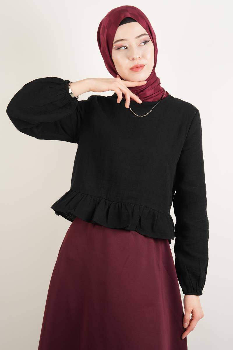 Bayan Müslin Bluz Kısa Bluz Siyah - 1