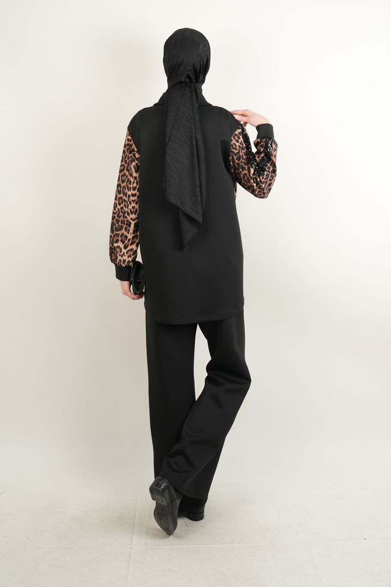 Bayan Pul Detaylı Takım Leoparlı Scuba Takım Siyah - 3