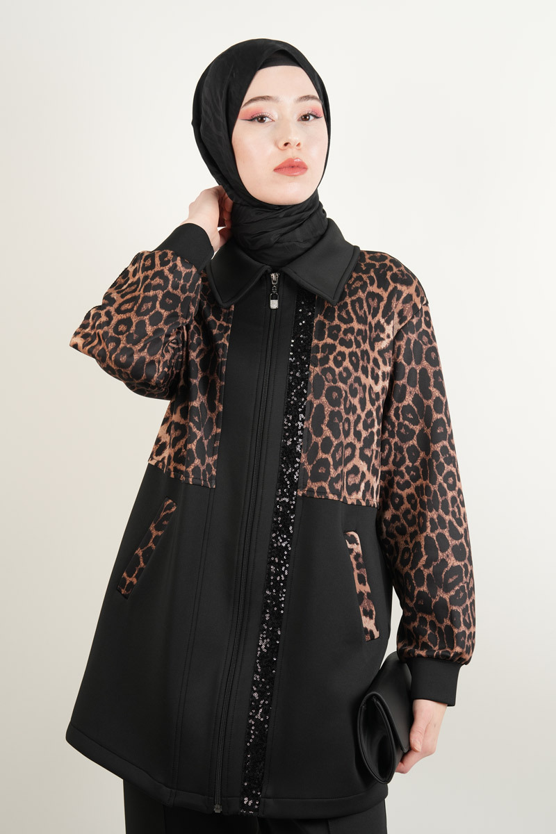 Bayan Pul Detaylı Takım Leoparlı Scuba Takım Siyah - 4