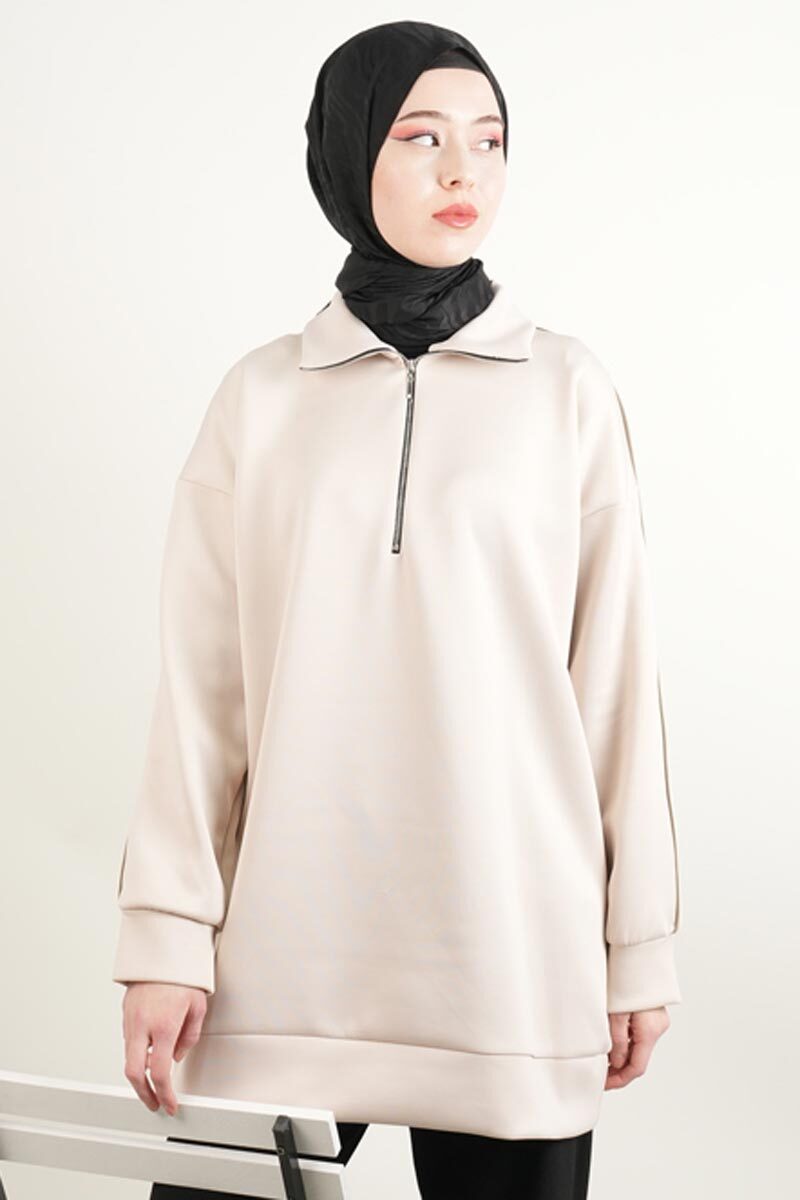 Bayan Scuba Tunik Yarım Fermuarlı Tunik Bej - 1