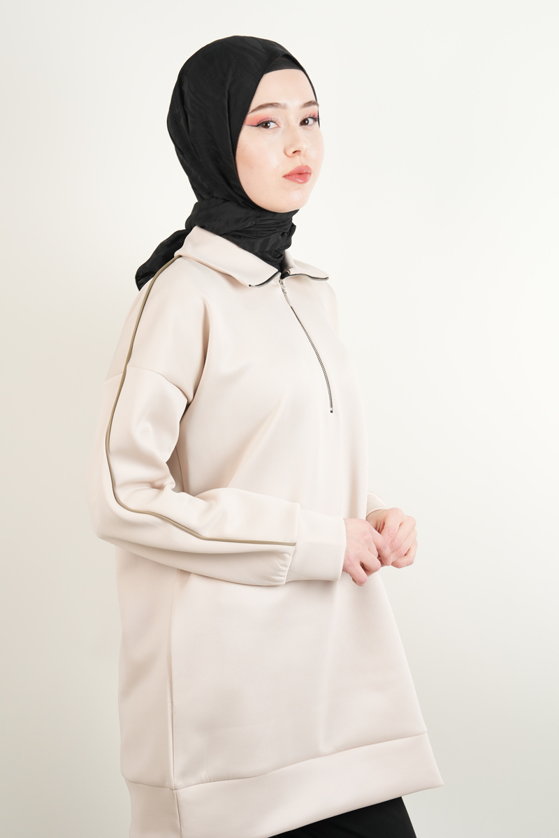 Bayan Scuba Tunik Yarım Fermuarlı Tunik Bej - 2