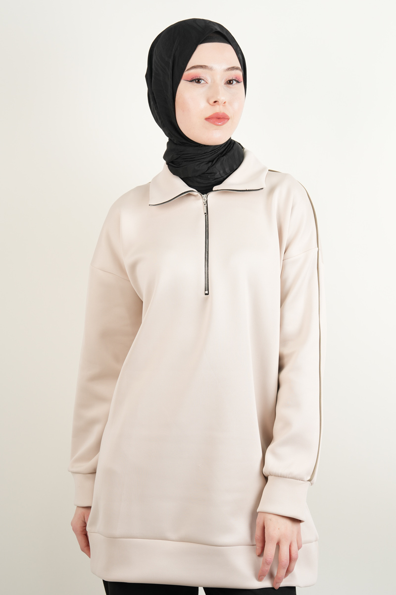 Bayan Scuba Tunik Yarım Fermuarlı Tunik Bej - 3