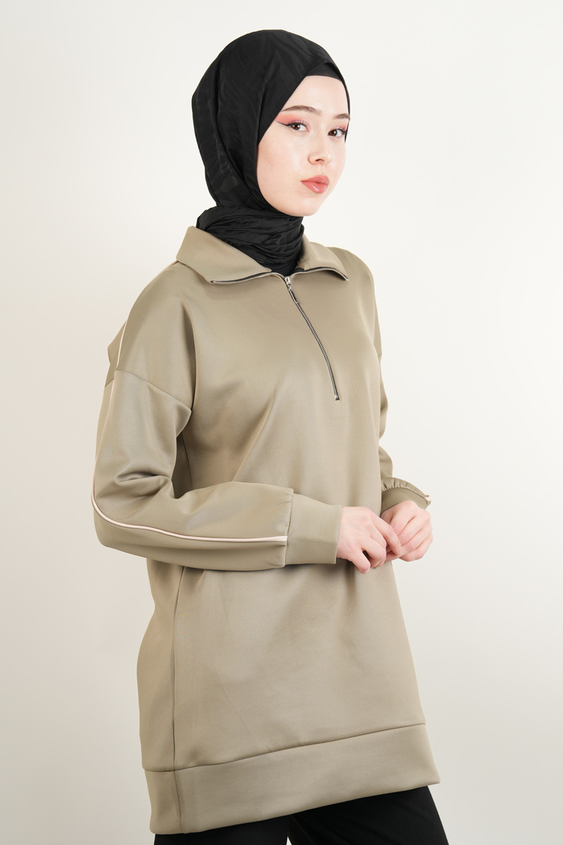 Bayan Scuba Tunik Yarım Fermuarlı Tunik Haki - 2