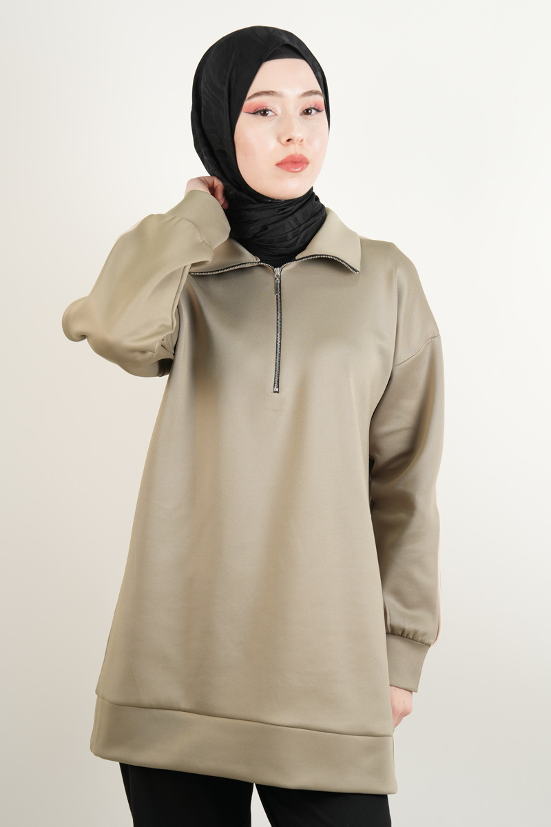 Bayan Scuba Tunik Yarım Fermuarlı Tunik Haki - 3