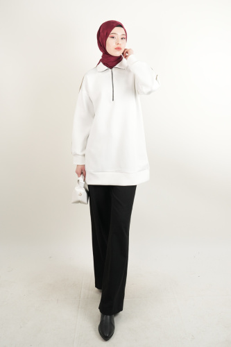 Bayan Scuba Tunik Yarım Fermuarlı Tunik Krem - 1