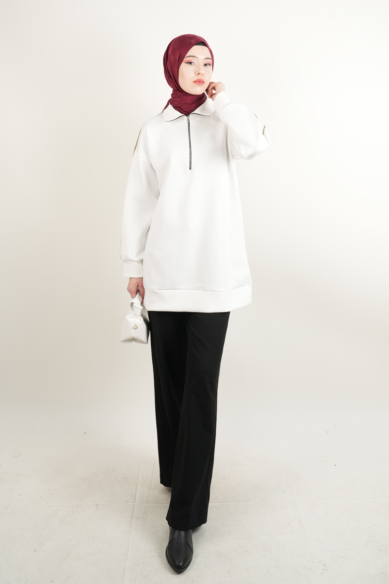Bayan Scuba Tunik Yarım Fermuarlı Tunik Krem - 1
