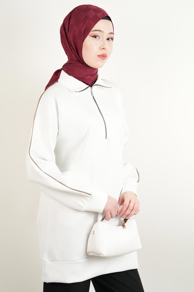Bayan Scuba Tunik Yarım Fermuarlı Tunik Krem - 2