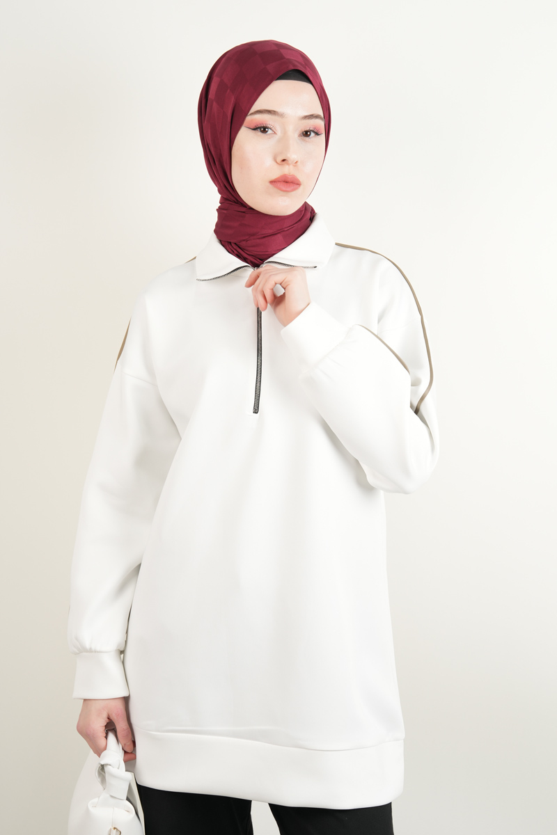 Bayan Scuba Tunik Yarım Fermuarlı Tunik Krem - 3