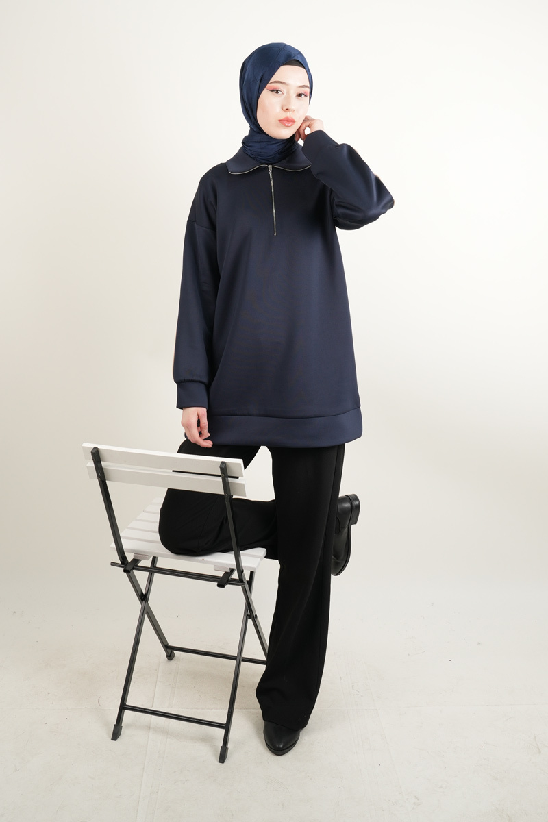 Bayan Scuba Tunik Yarım Fermuarlı Tunik Lacivert - 1