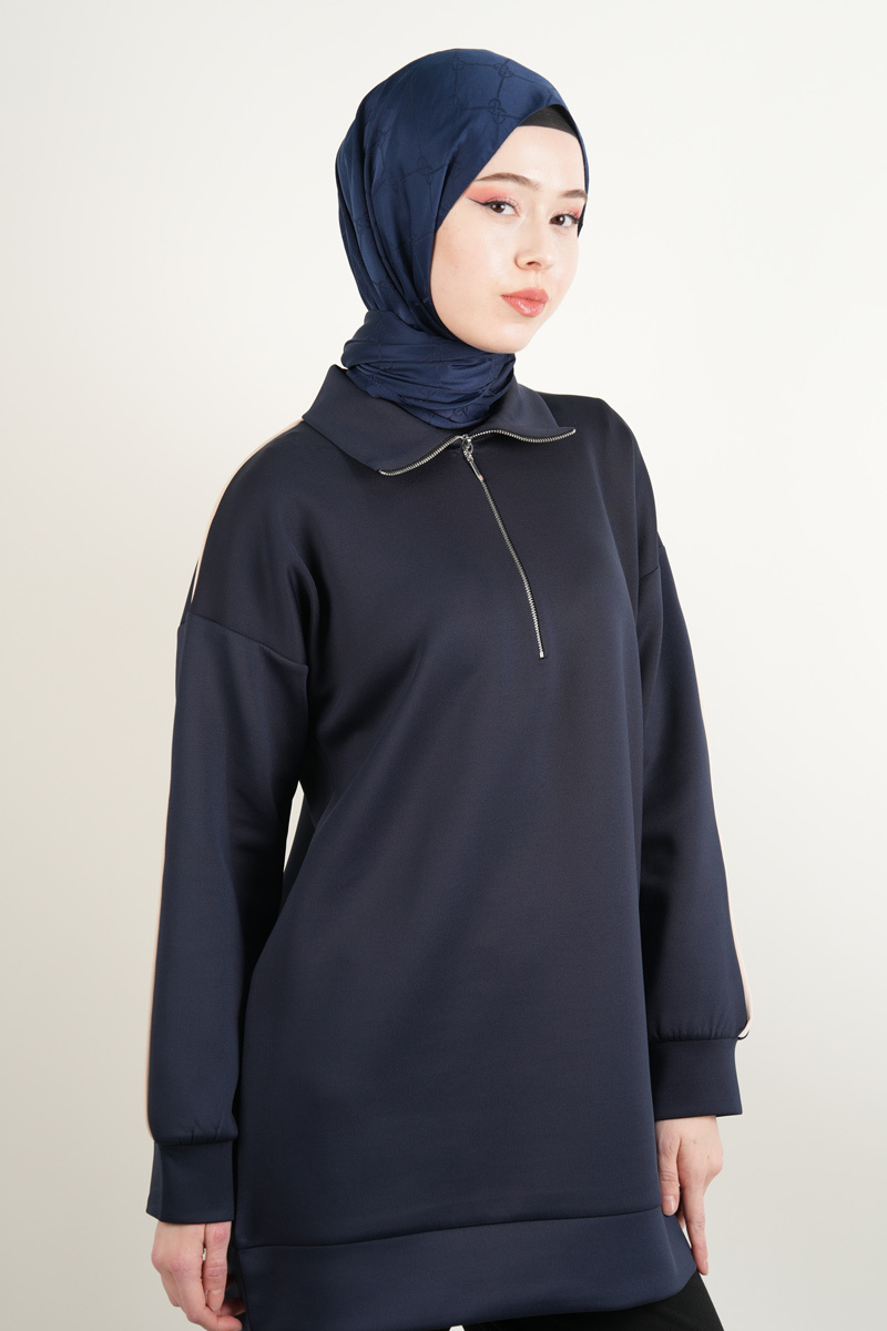 Bayan Scuba Tunik Yarım Fermuarlı Tunik Lacivert - 2