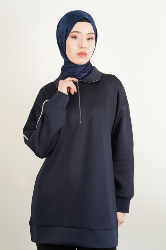 Bayan Scuba Tunik Yarım Fermuarlı Tunik Lacivert - 3