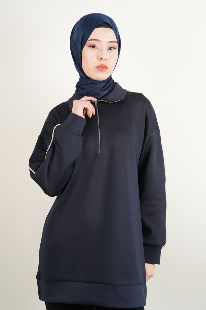 Bayan Scuba Tunik Yarım Fermuarlı Tunik Lacivert - 3