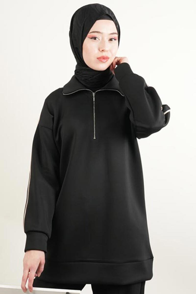Bayan Scuba Tunik Yarım Fermuarlı Tunik Siyah - 1