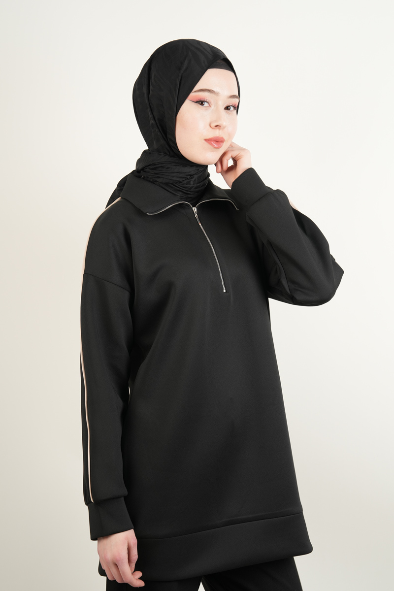 Bayan Scuba Tunik Yarım Fermuarlı Tunik Siyah - 2