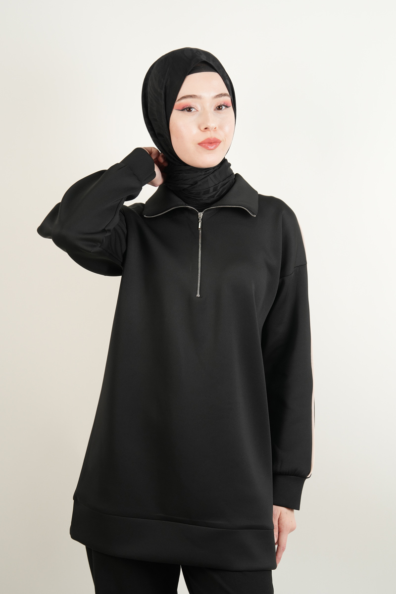 Bayan Scuba Tunik Yarım Fermuarlı Tunik Siyah - 3