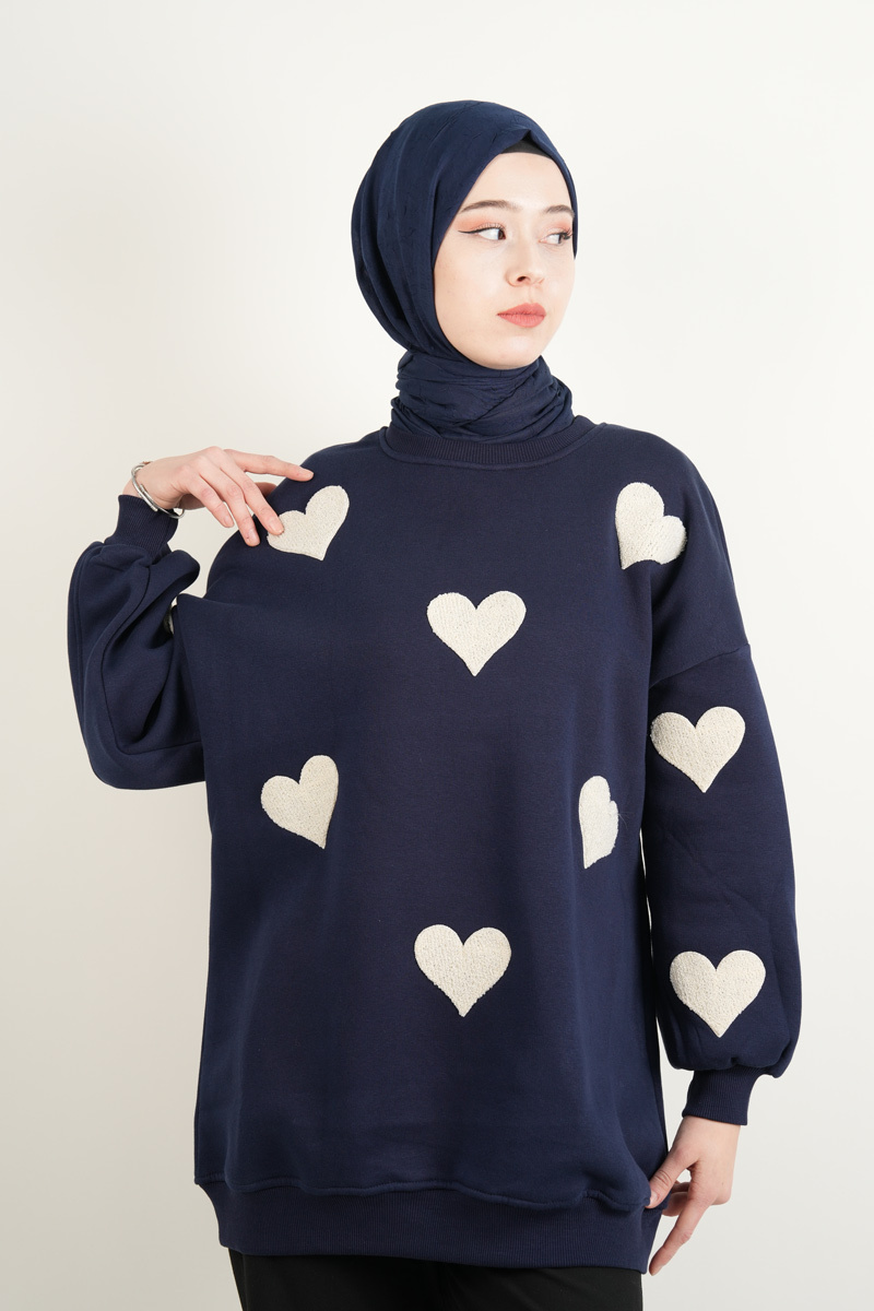 Bayan Sweat Kalp Nakış Detaylı 3 İp Sweat Lacivert - 1