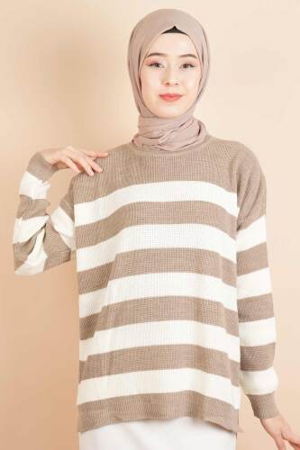 Bayan Tesettür Çizgili Prinç Örgü Kazak Açık Kahverengi - 03Kız Kulesi Teks
