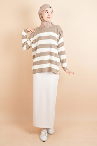 Bayan Tesettür Çizgili Prinç Örgü Kazak Açık Kahverengi - 03Kız Kulesi Teks (1)