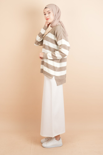 Bayan Tesettür Çizgili Prinç Örgü Kazak Açık Kahverengi - 3