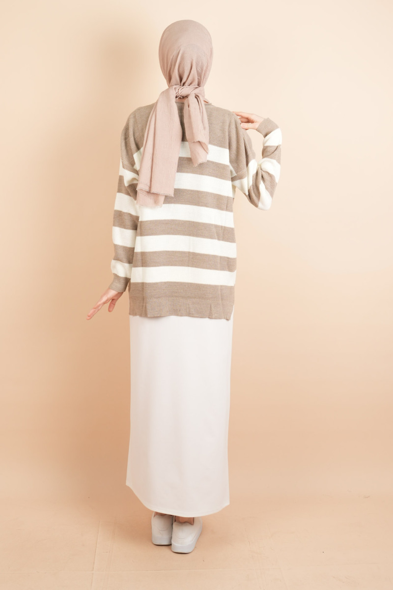 Bayan Tesettür Çizgili Prinç Örgü Kazak Açık Kahverengi - 4