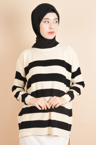 Bayan Tesettür Çizgili Prinç Örgü Kazak Bej - 03Kız Kulesi Teks