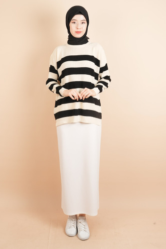 Bayan Tesettür Çizgili Prinç Örgü Kazak Bej - 03Kız Kulesi Teks (1)