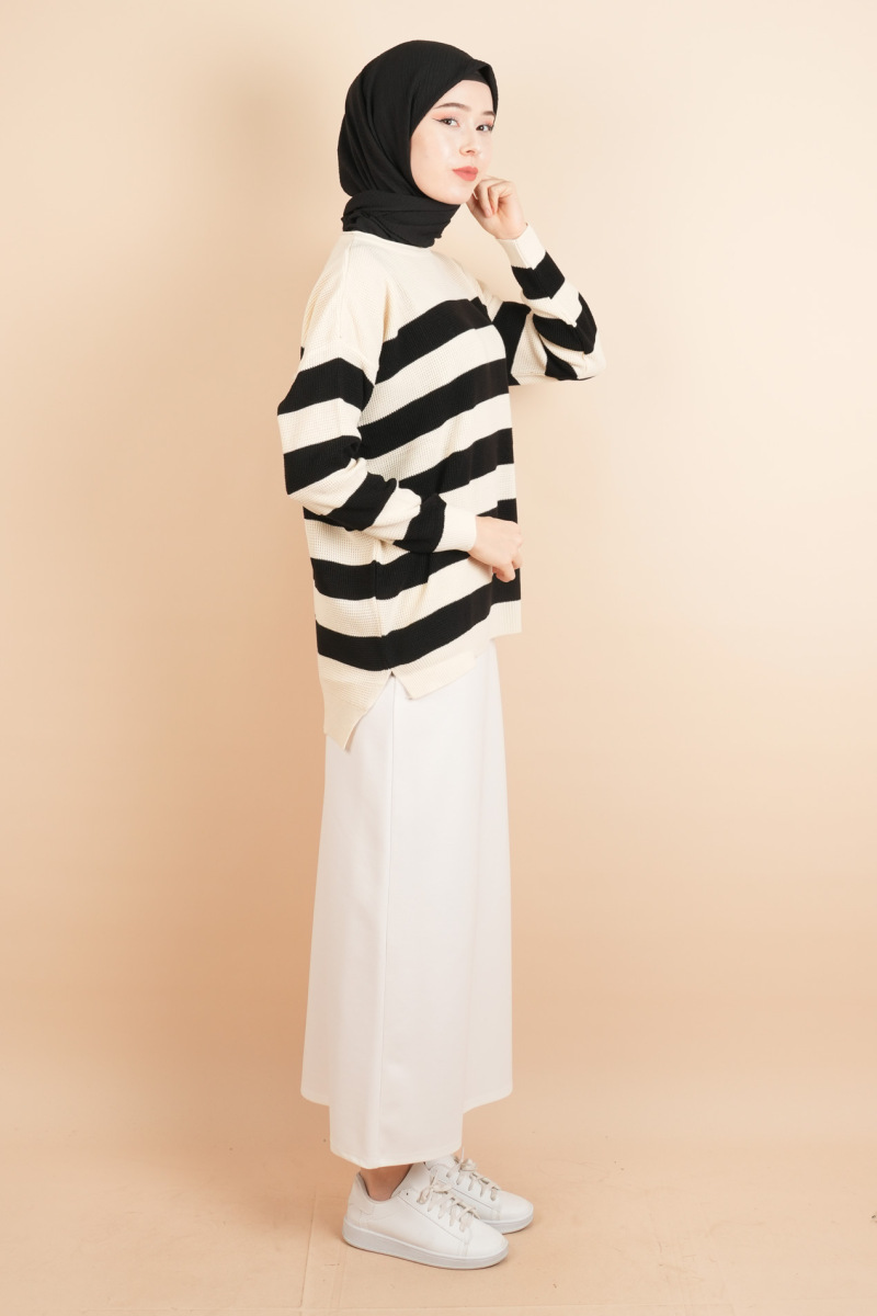 Bayan Tesettür Çizgili Prinç Örgü Kazak Bej - 3