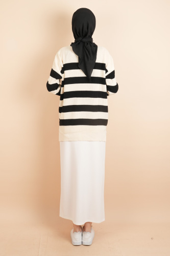 Bayan Tesettür Çizgili Prinç Örgü Kazak Bej - 4